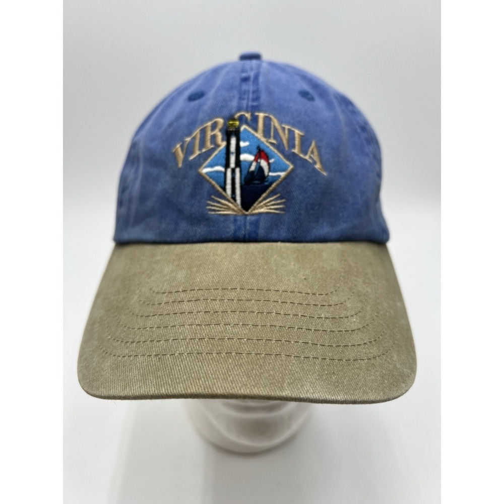Vintage Virginia Lighthouse Sailboat Adjustable Blue Tan Cotton Dad Hat Cap